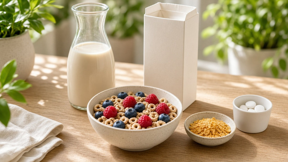 Plant-based breakfast with fortified oat milk, nutritional yeast, berries and B12 tablets