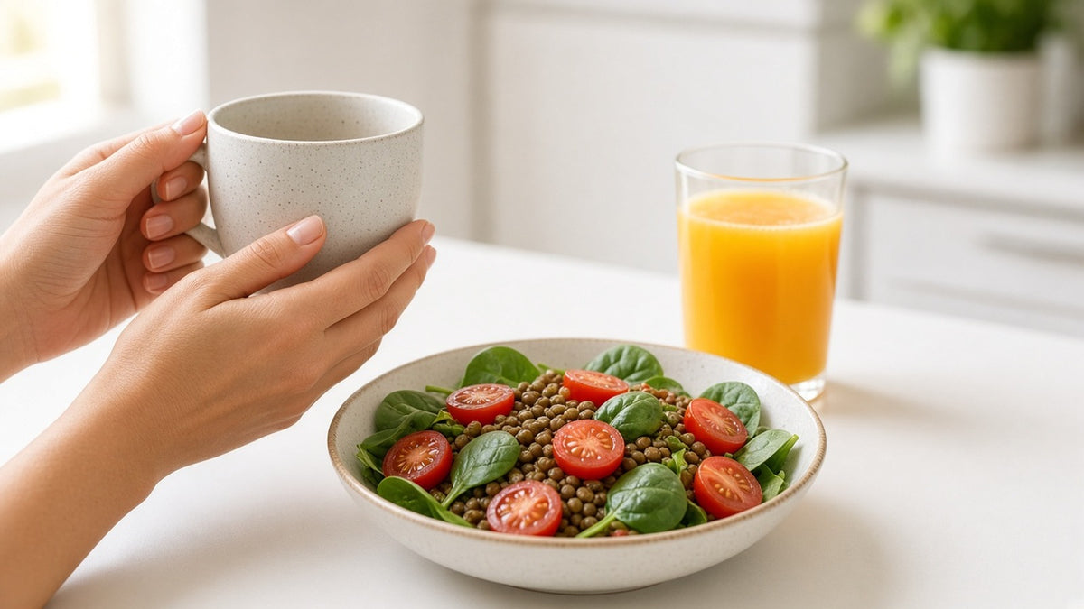 Hands holding a mug beside an iron-rich lentil and spinach salad and orange juice for vitamin C