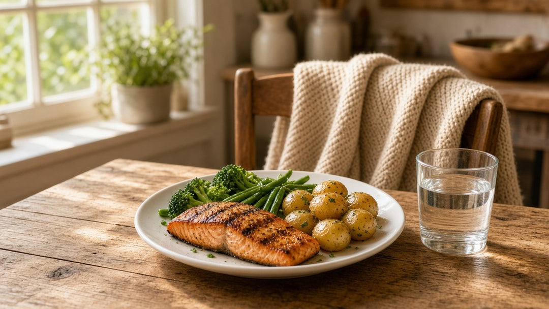 Grilled salmon with new potatoes and greens on a kitchen table, an oily fish meal for omega-3 in pregnancy