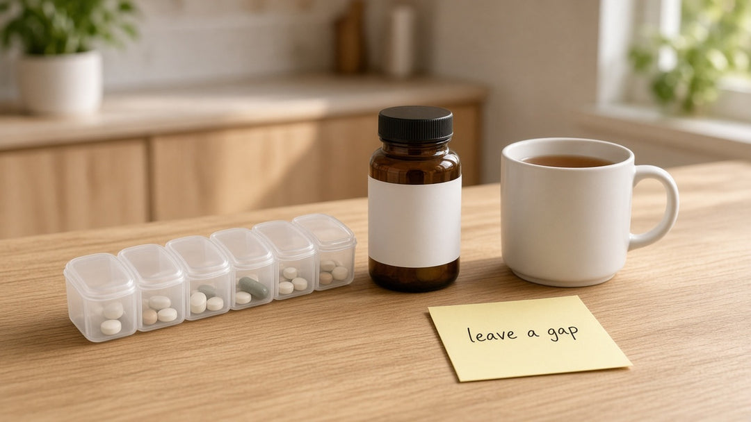 Weekly pill organiser, supplement bottle, tea and a 'leave a gap' note about mixing supplements and medicines