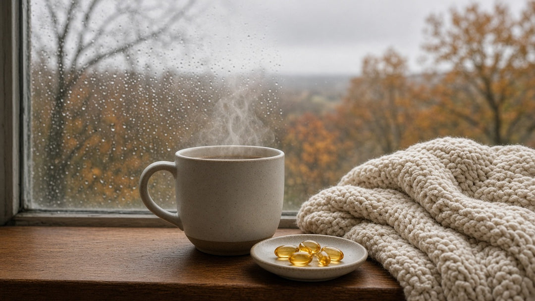 Vitamin D3 and K2 softgels on a rainy autumn windowsill beside a warm mug and knitted throw
