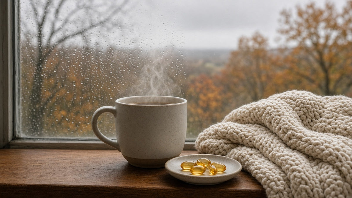 Vitamin D3 and K2 softgels on a rainy autumn windowsill beside a warm mug and knitted throw