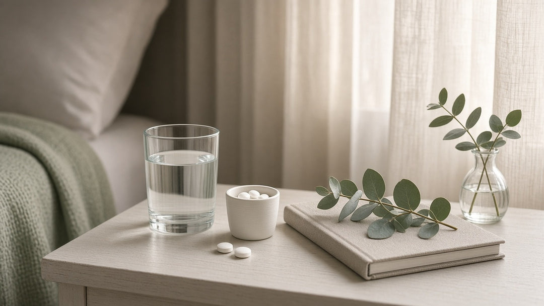 Morning bedside table with a glass of water and a pot of folic acid tablets as a daily habit