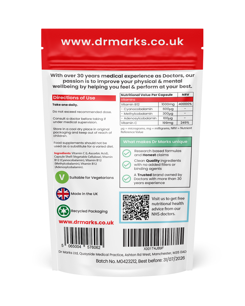Dr Marks Triple B12 Vitamin - supplement facts and nutritional information