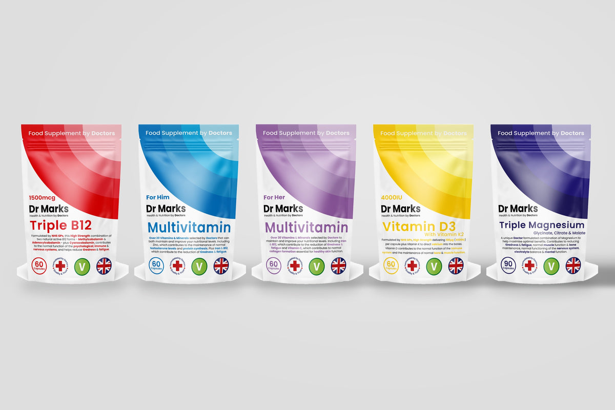 Dr Marks supplements formulated by practising UK GPs — Triple B12, Men's Multivitamin, Women's Multivitamin, Vitamin D3 4000IU + K2, and Triple Magnesium
