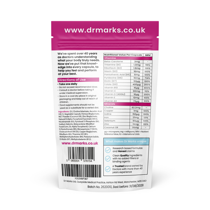 The back of a Dr. Marks Medical Practice supplement pouch, featuring a white background with a magenta header, extensive text, a nutrition facts panel, and a barcode.