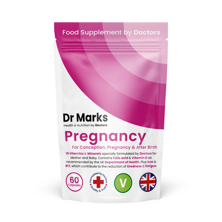 A stand-up pouch of Dr. Marks Pregnancy Food Supplement by Doctors, featuring a white and magenta design with product details and icons for 60 capsules, quality assurance, vitamin content, and UK origin.