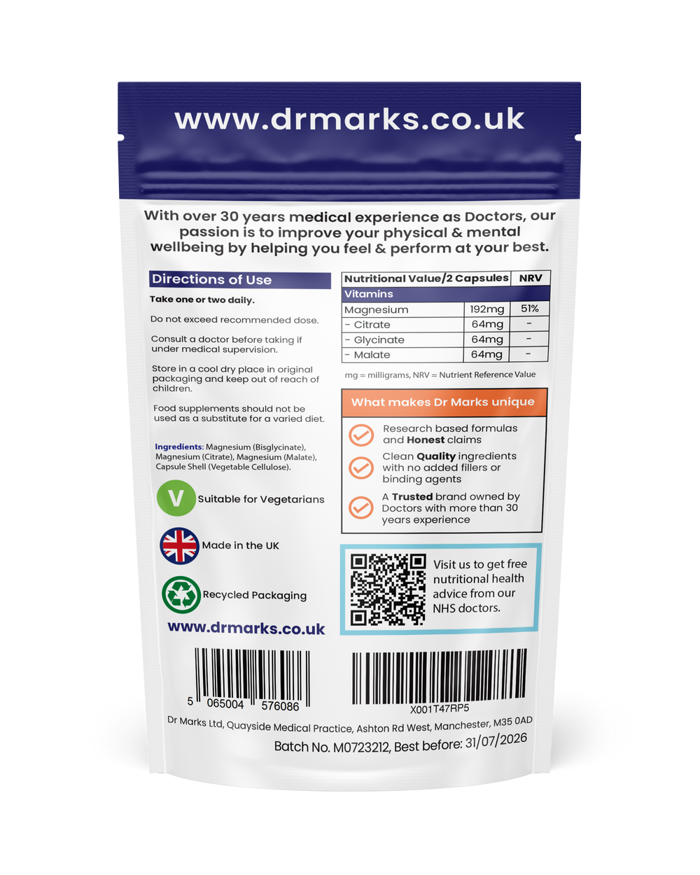 Dr Marks Triple Magnesium Complex - supplement facts and nutritional information