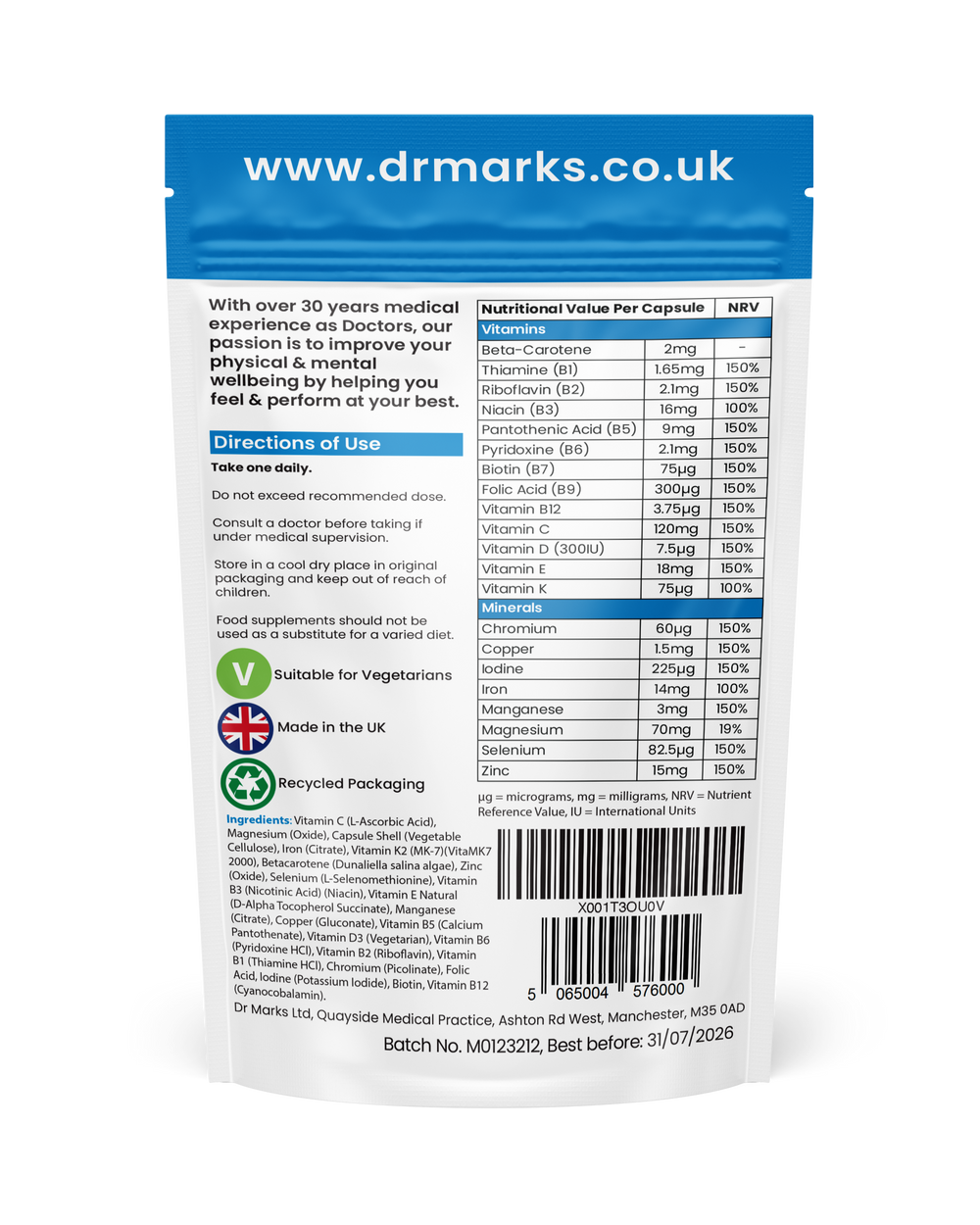 Dr Marks Men's Multivitamin - supplement facts and nutritional information