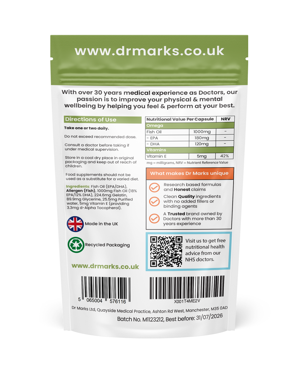 Dr Marks Omega 3 Fish Oil 1000mg - supplement facts and nutritional information