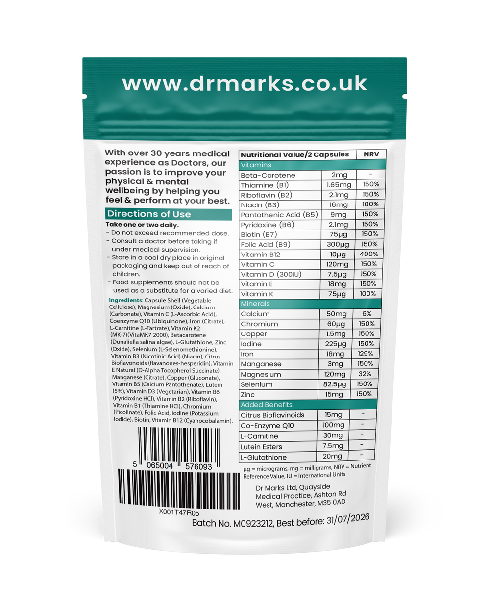 Dr Marks Over 50s Multivitamin - supplement facts and nutritional information