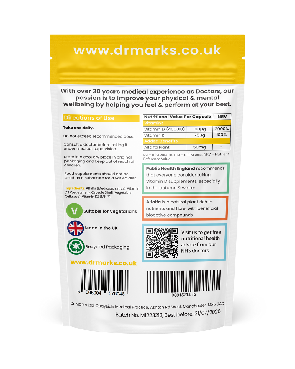 Dr Marks Vitamin D3 with K2 and Alfalfa - supplement facts and nutritional information