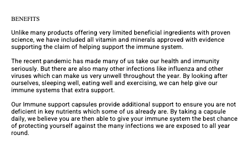 Immune Support Complex nutritional benefits chart by Dr Marks