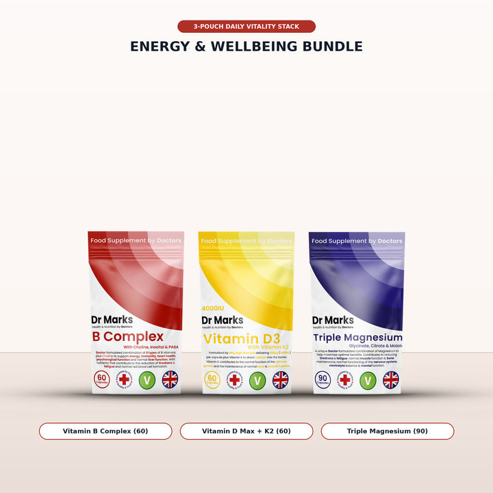 Dr Marks Energy &amp; Wellbeing Bundle — Triple Magnesium Complex, Vitamin B Complex and Vitamin D3 + K2 pouches