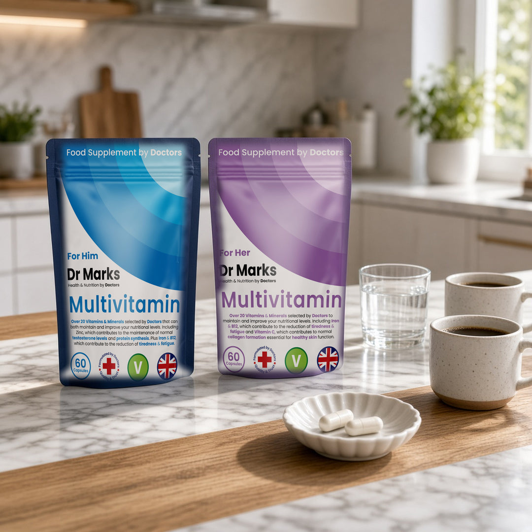 Dr Marks Couples Multivitamin Pack pouches in a home setting