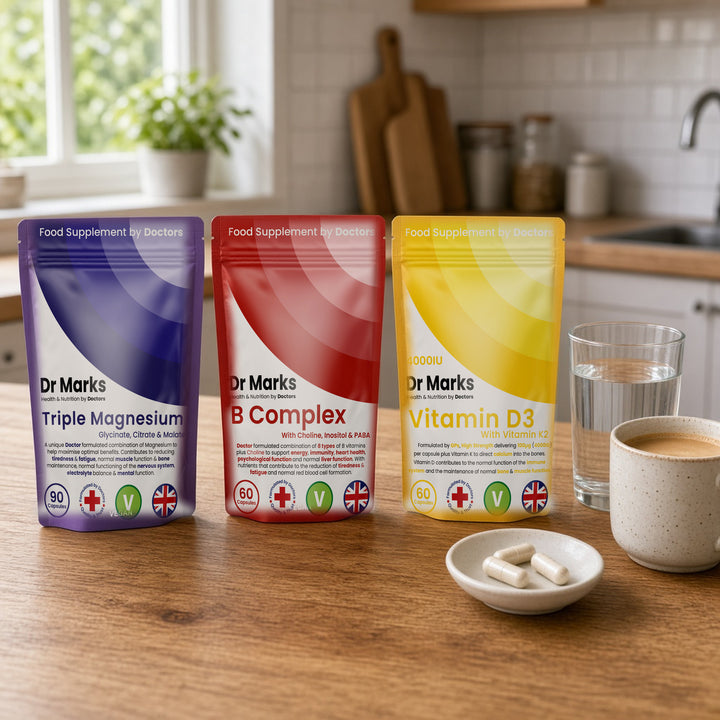 Dr Marks Energy &amp; Wellbeing Bundle pouches in a home setting