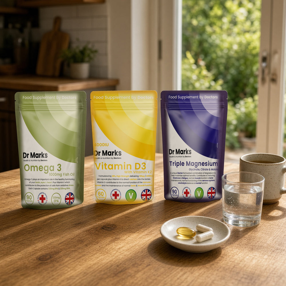 Dr Marks Heart & Bones Bundle pouches in a home setting