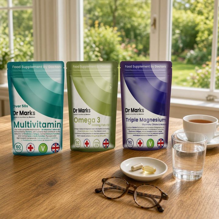 Dr Marks Over 50s Essentials Bundle pouches in a home setting