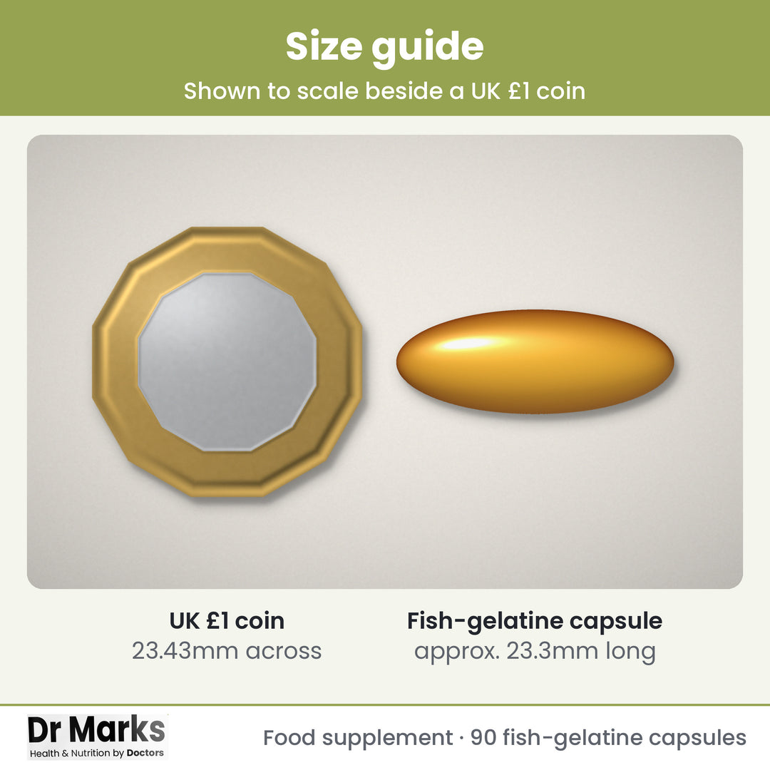 Dr Marks Omega 3 Fish Oil 1000mg actual capsule size guide