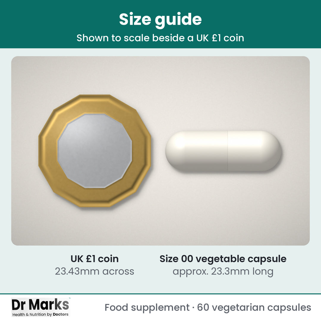 Dr Marks Over 50s Daily Multivitamin actual capsule size guide