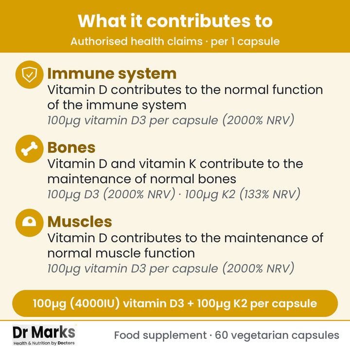 Dr Marks Vitamin D3 + K2 key benefits and authorised health claims