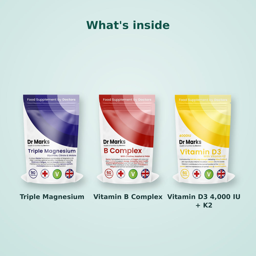 What's inside the Dr Marks Energy & Wellbeing Bundle: Triple Magnesium, Vitamin B Complex and Vitamin D3 4,000 IU + K2