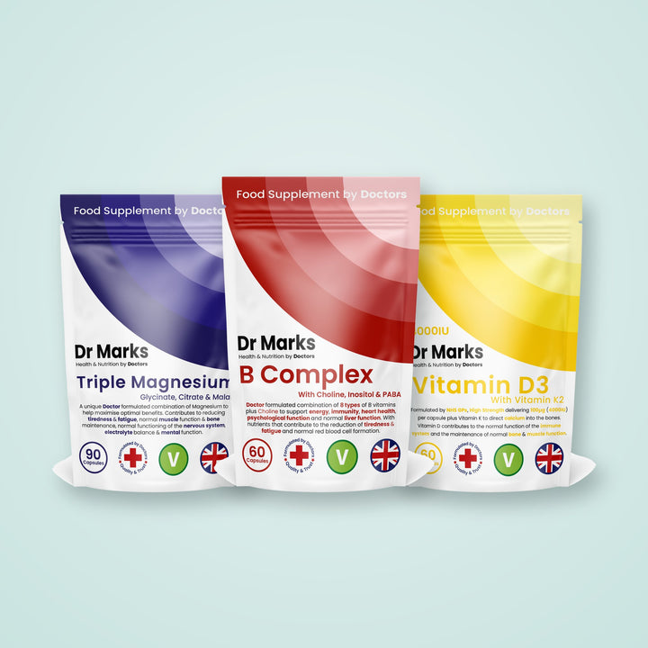 Dr Marks Energy &amp; Wellbeing Bundle: Triple Magnesium, Vitamin B Complex and Vitamin D3 4,000 IU + K2 pouches