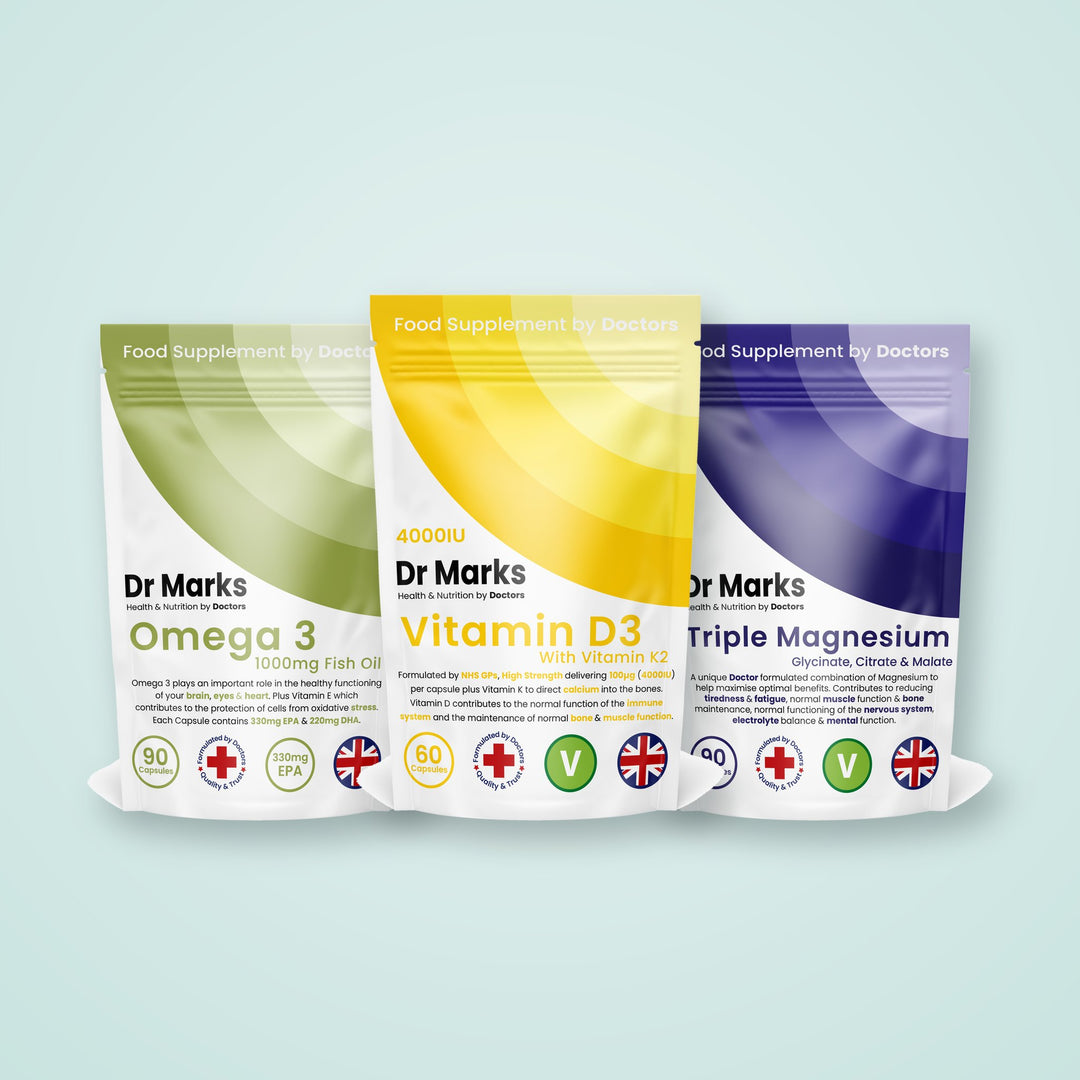 Dr Marks Heart & Bones Bundle: Premium Omega 3, Vitamin D3 4,000 IU + K2 and Triple Magnesium pouches