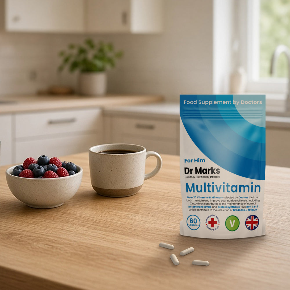 Dr Marks Men's Multivitamin pouch on a kitchen worktop with berries and coffee