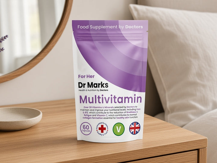 Dr Marks Multivitamin for Her pouch on a bedside table with lavender
