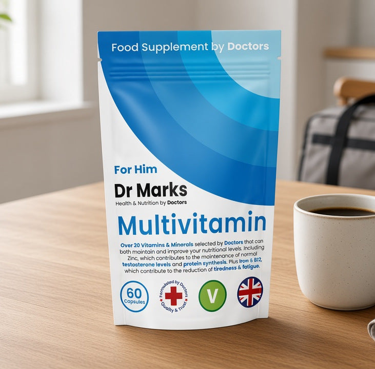 Dr Marks Multivitamin for Him pouch on a wooden table beside a coffee mug