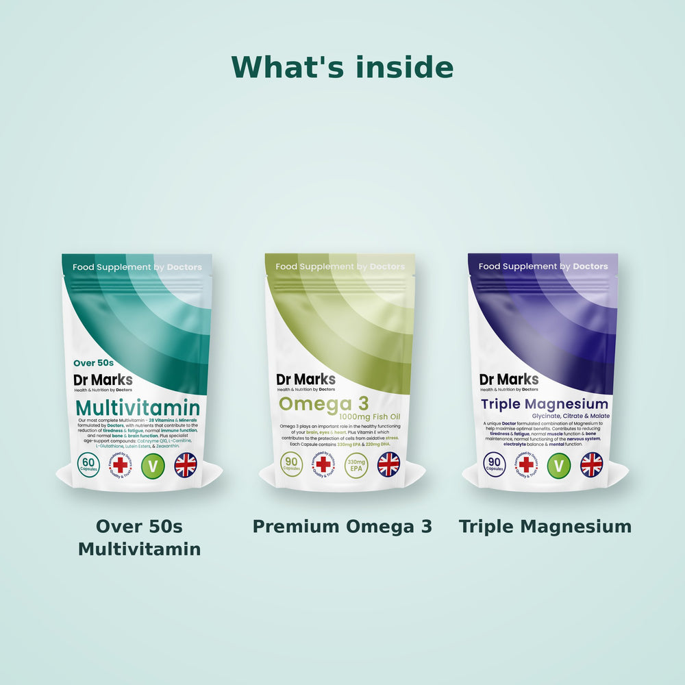 What's inside the Dr Marks Over 50s Essentials Bundle: Over 50s Multivitamin, Premium Omega 3 and Triple Magnesium