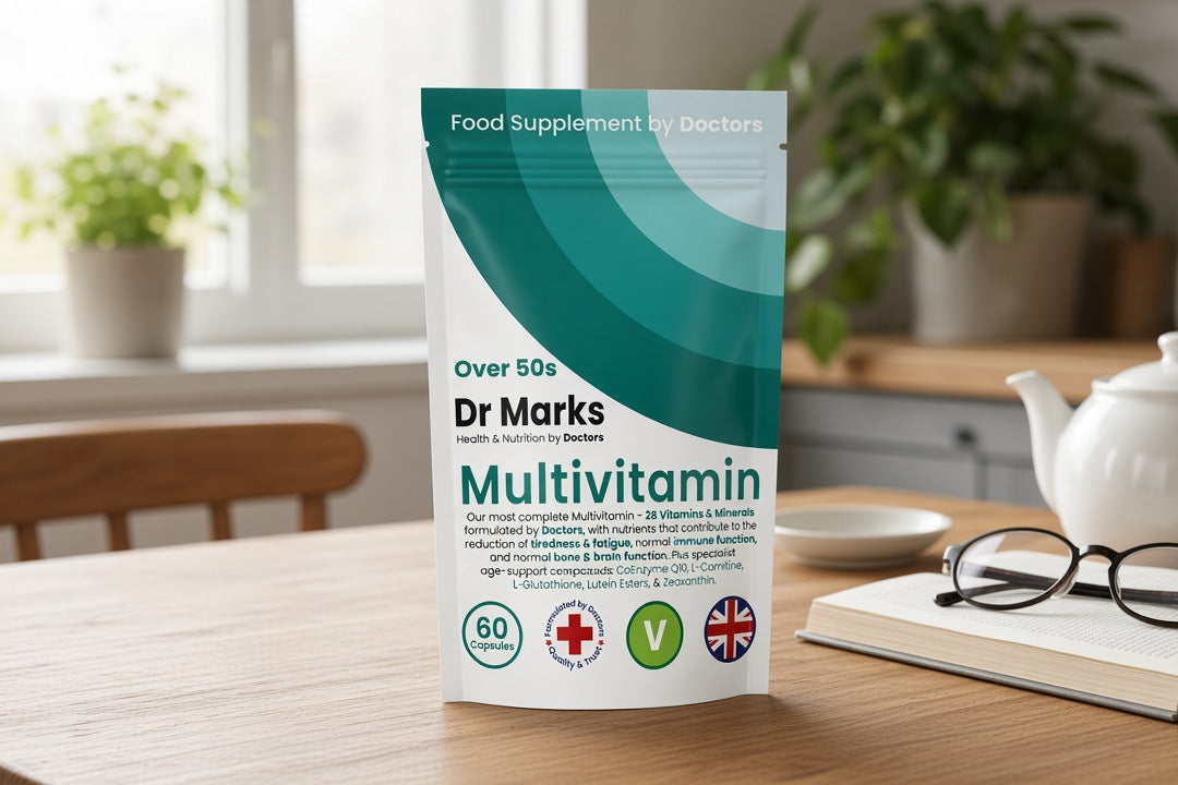 Dr Marks Over 50s Multivitamin pouch on a dining table beside an open book and glasses