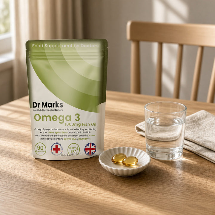 Dr Marks Omega 3 Fish Oil 1000mg pouch in a home setting