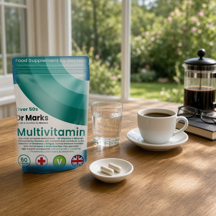 Dr Marks Over 50s Daily Multivitamin pouch in a home setting