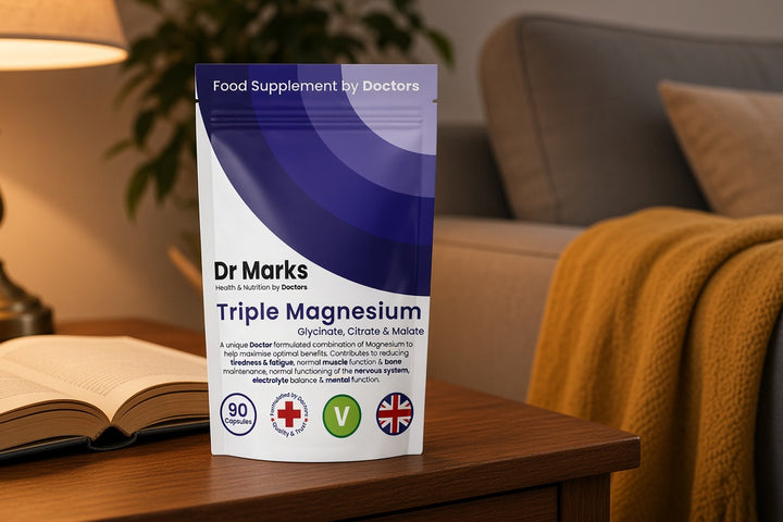 Dr Marks Triple Magnesium pouch on a side table beside a book and lamp