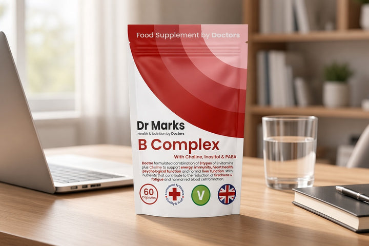 Dr Marks Vitamin B Complex pouch on a desk beside a notebook and glass of water