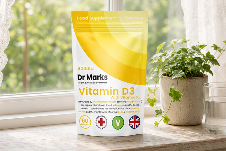 Dr Marks Vitamin D3 with Vitamin K2 pouch on a sunny windowsill beside a plant and glass of water